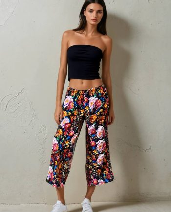 Wide-Leg High-Waisted Trousers with Floral Print Trousers NOOS Pilates Wear
